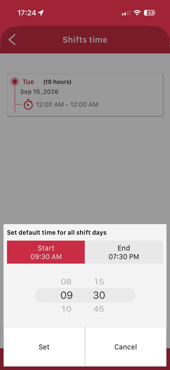 Set shift start and end time in the ReliefClix manager app