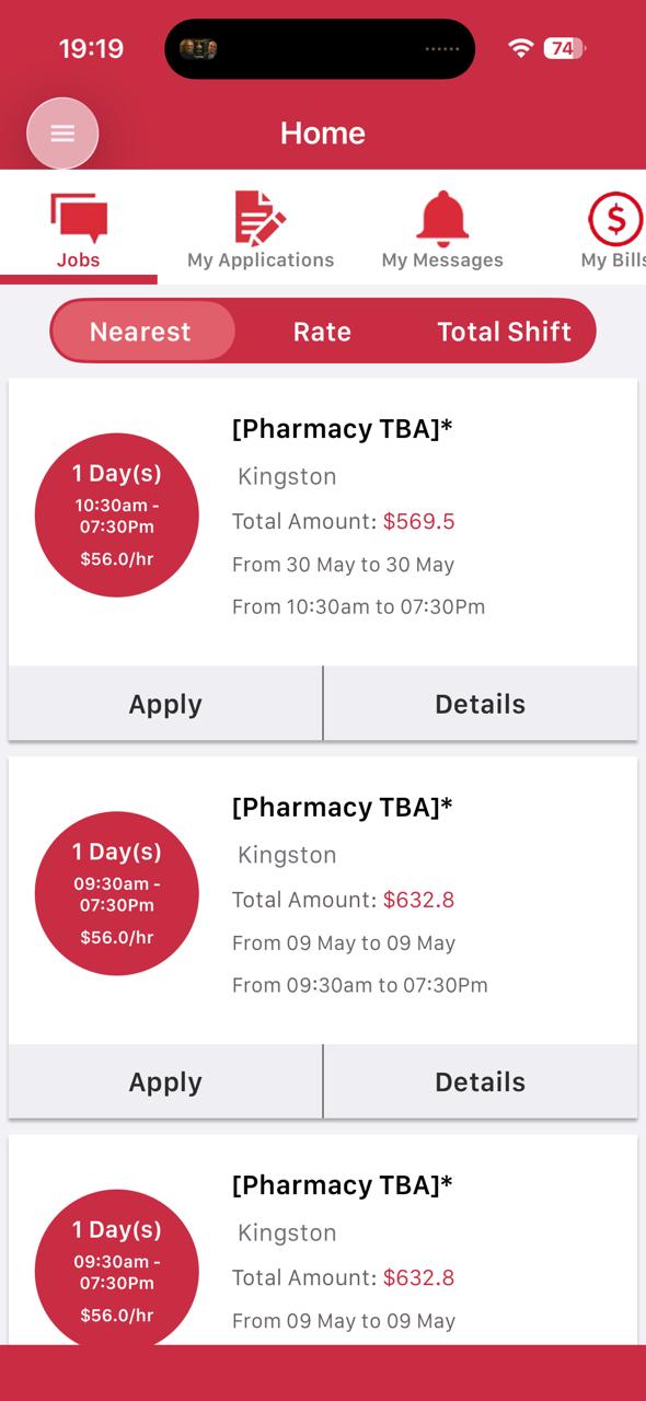 ReliefClix pharmacist app showing available jobs